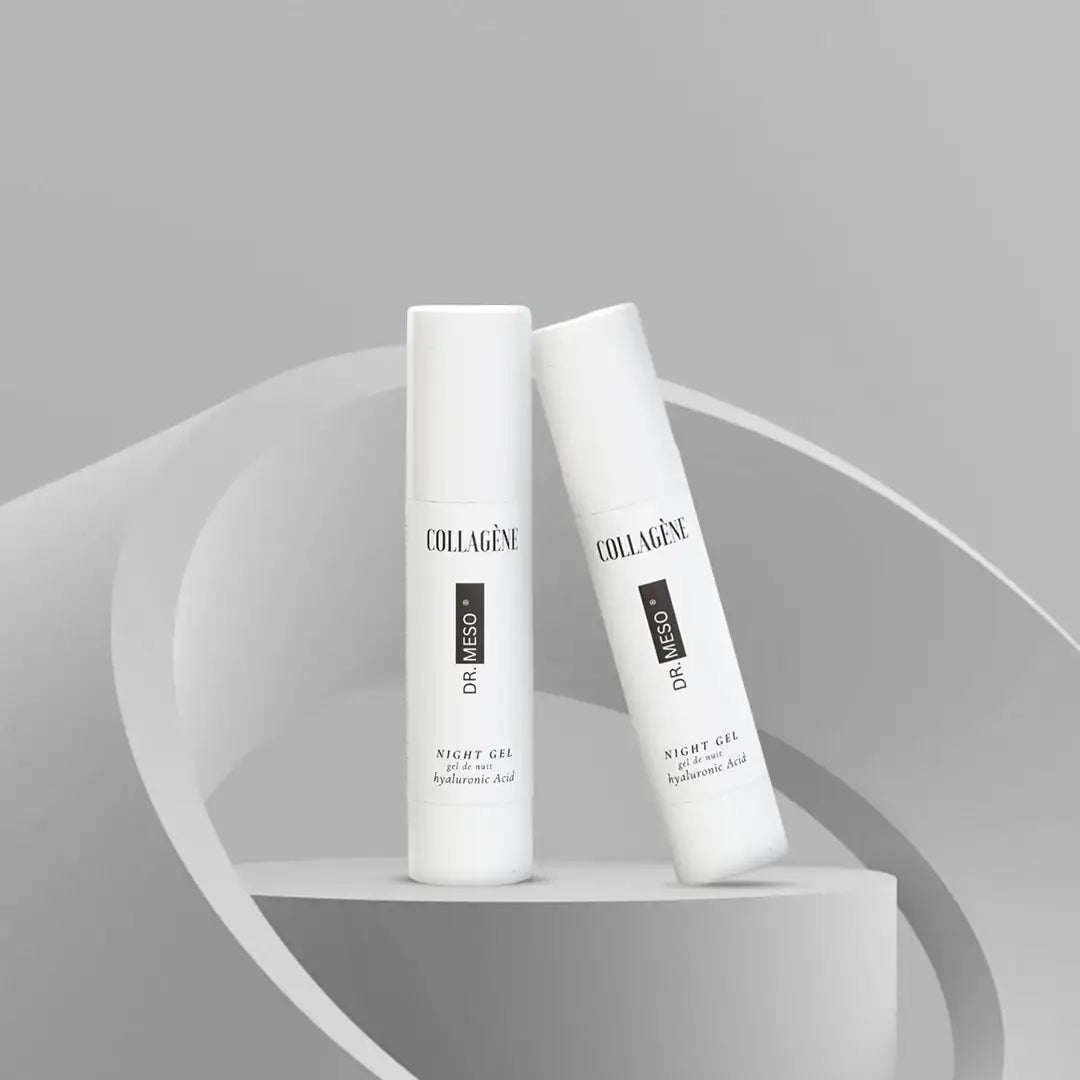 Two bottles of Dr. Medo Collagène Night Gel on a gray background