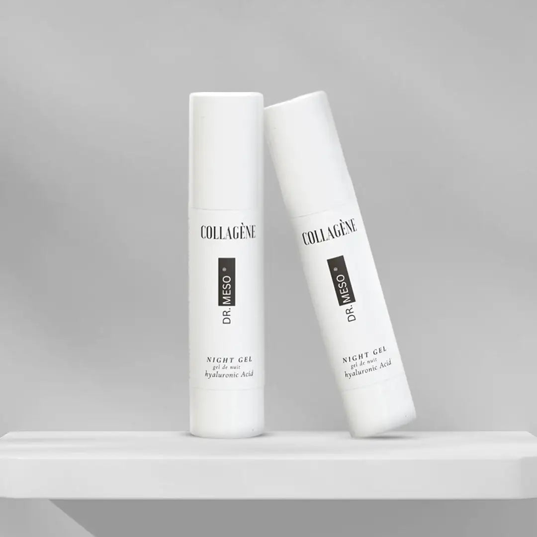 Two bottles of Dr. Medo Collagène Night Gel on a gray background