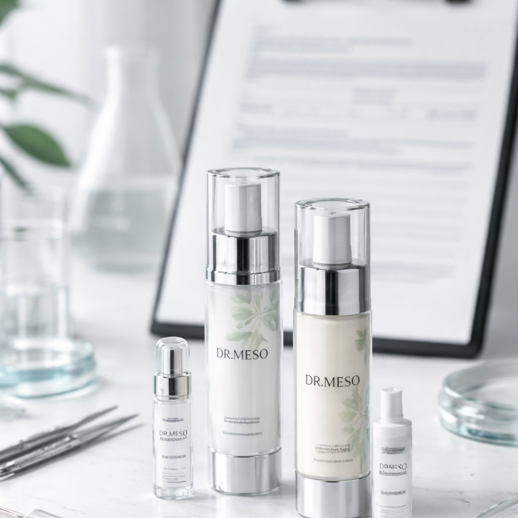 DR.MESO professional skincare products displayed in a clean laboratory setting representing FDA cosmetic registration and professional skincare compliance.