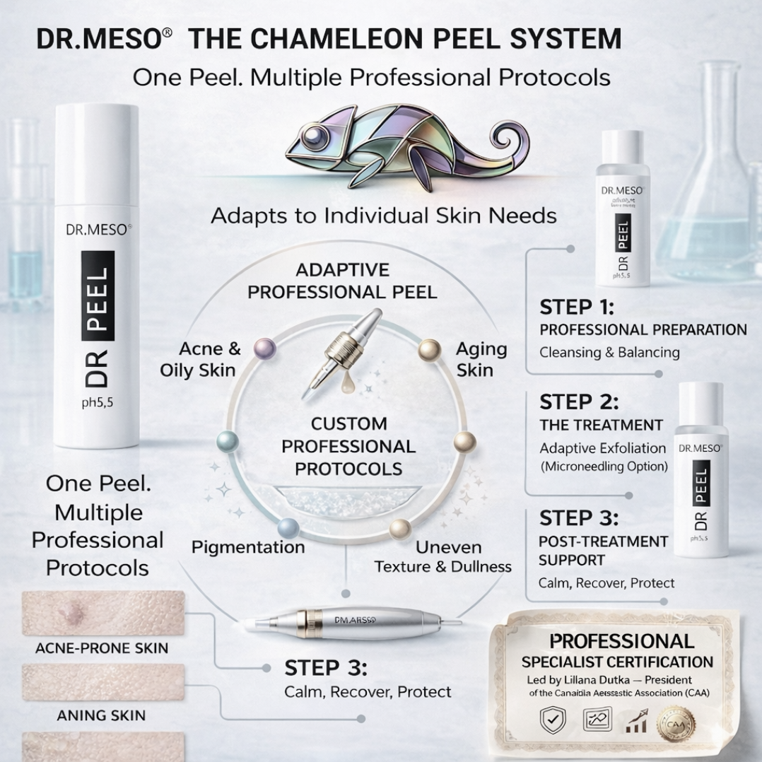 DR.MESO® Chameleon Peel professional skin treatment system showing adaptive peel protocols for acne-prone skin, pigmentation, aging skin and uneven texture.