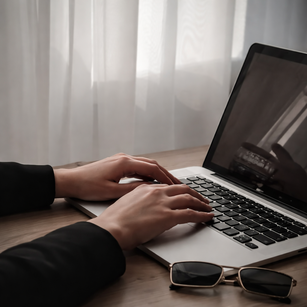 Woman writing at a laptop near a window, natural daylight, calm workspace, reflective creative moment.