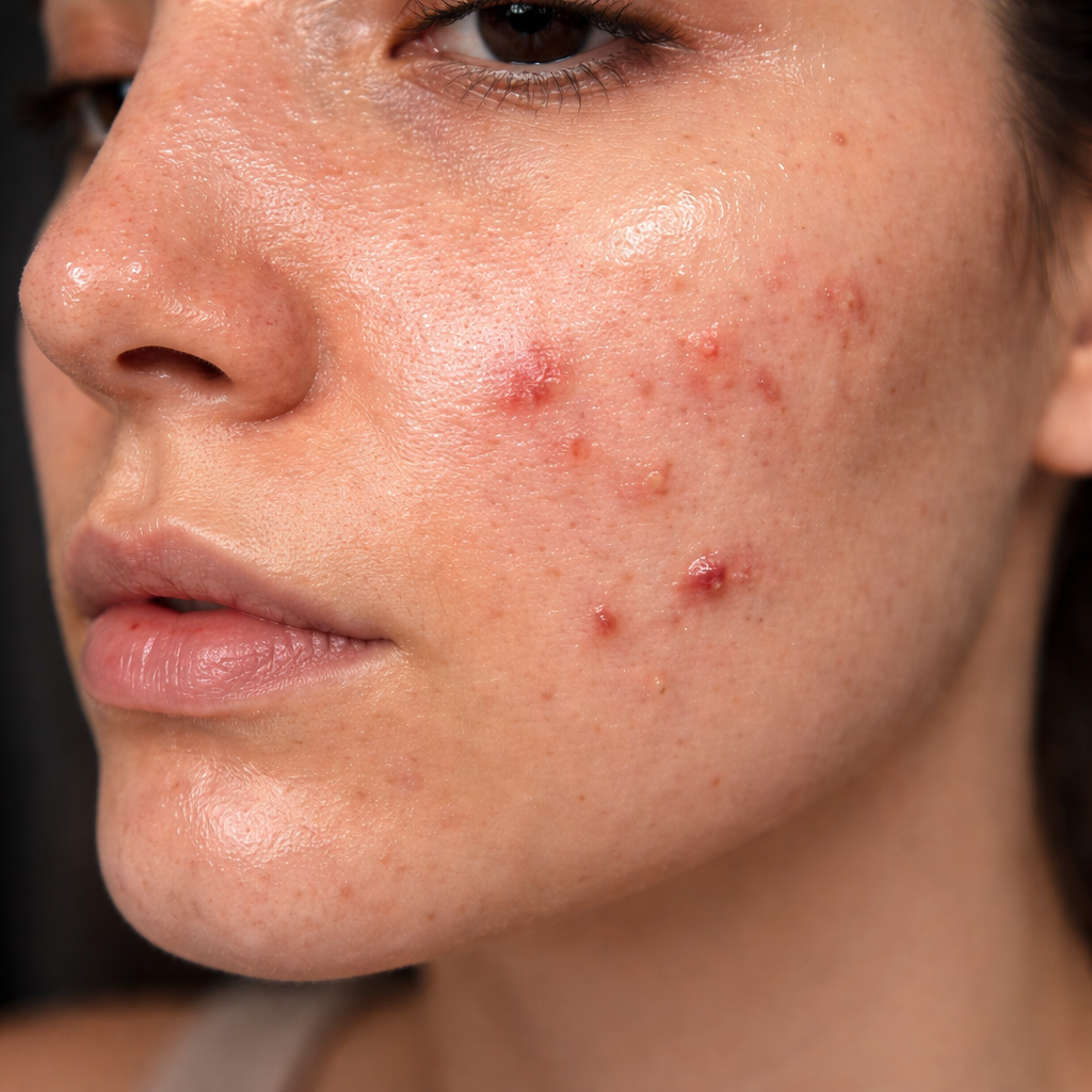 oily and acne-prone facial skin with visible pores and breakouts