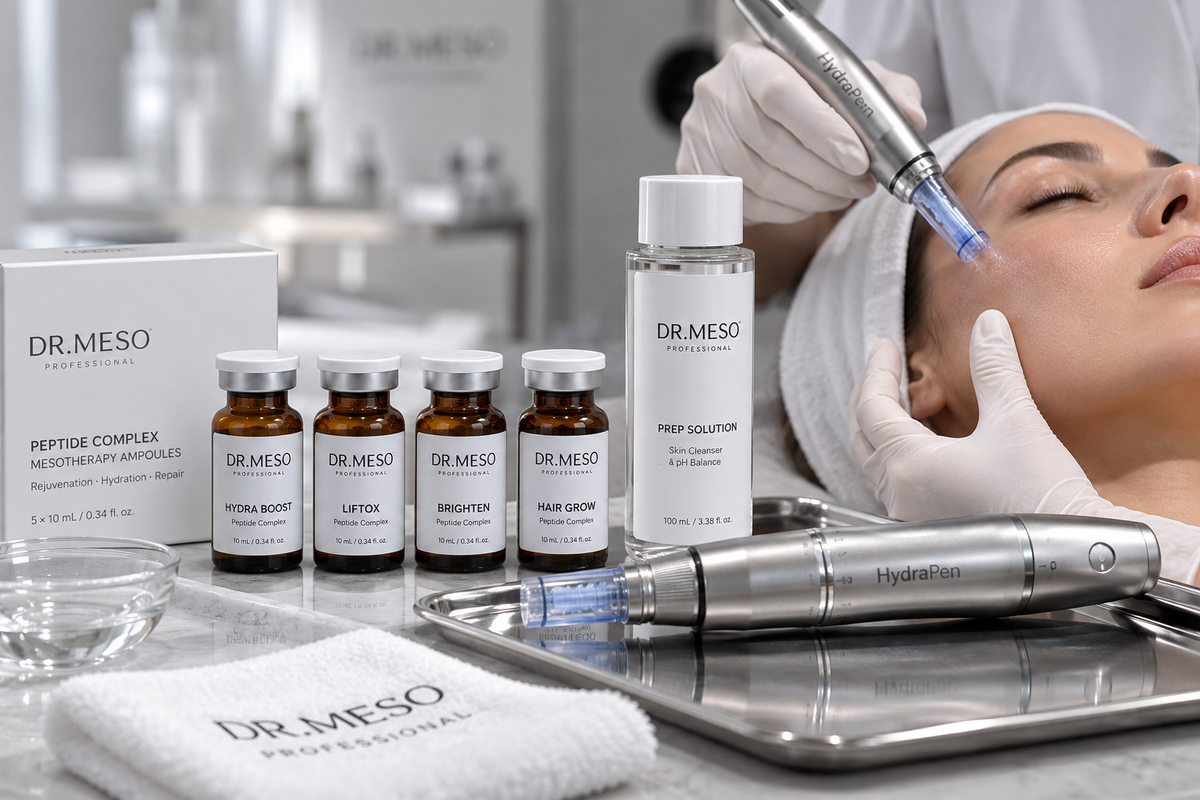 DR.MESO professional microneedling with peptide ampoules and HydraPen for skin rejuvenation