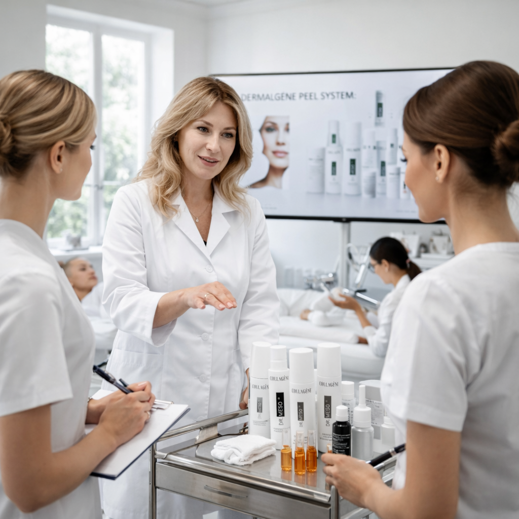 Skincare consultation in a professional setting with a skincare professional and clients
