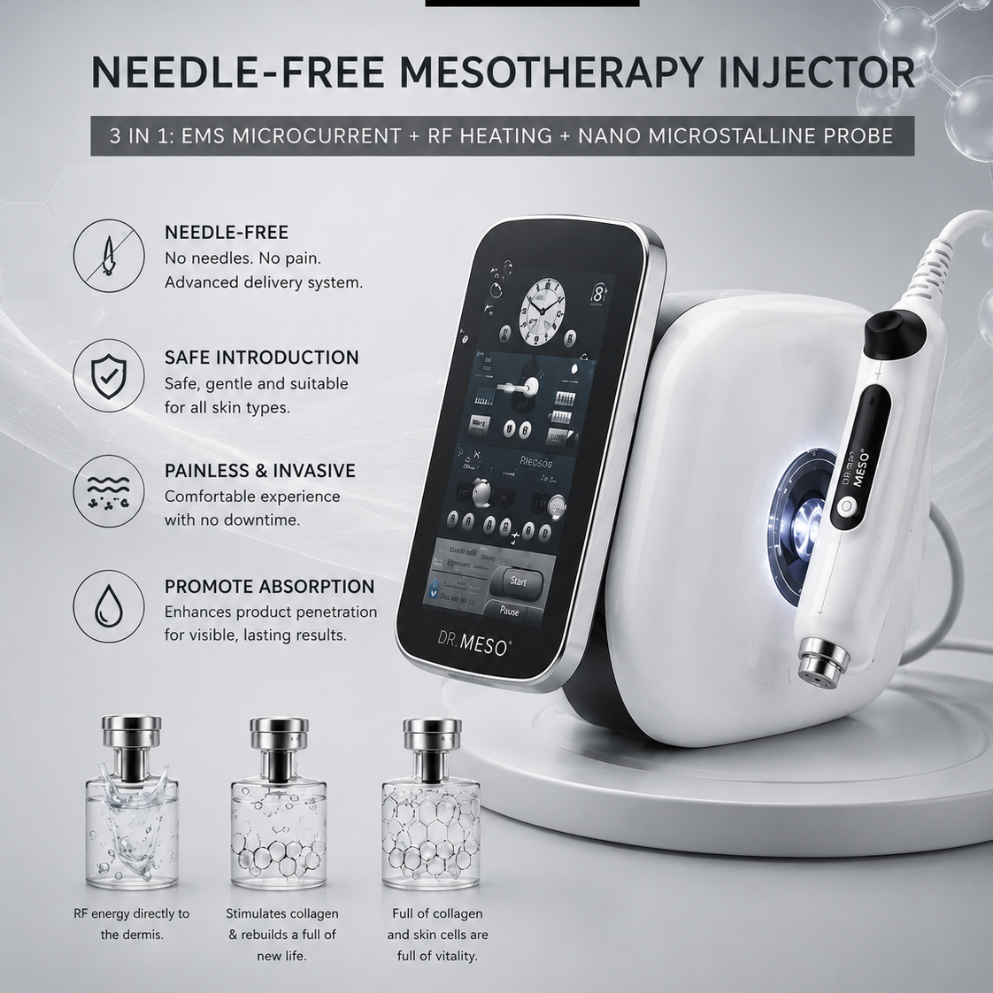 Dr. Meso needle-free mesotherapy injector with product details on a gray background