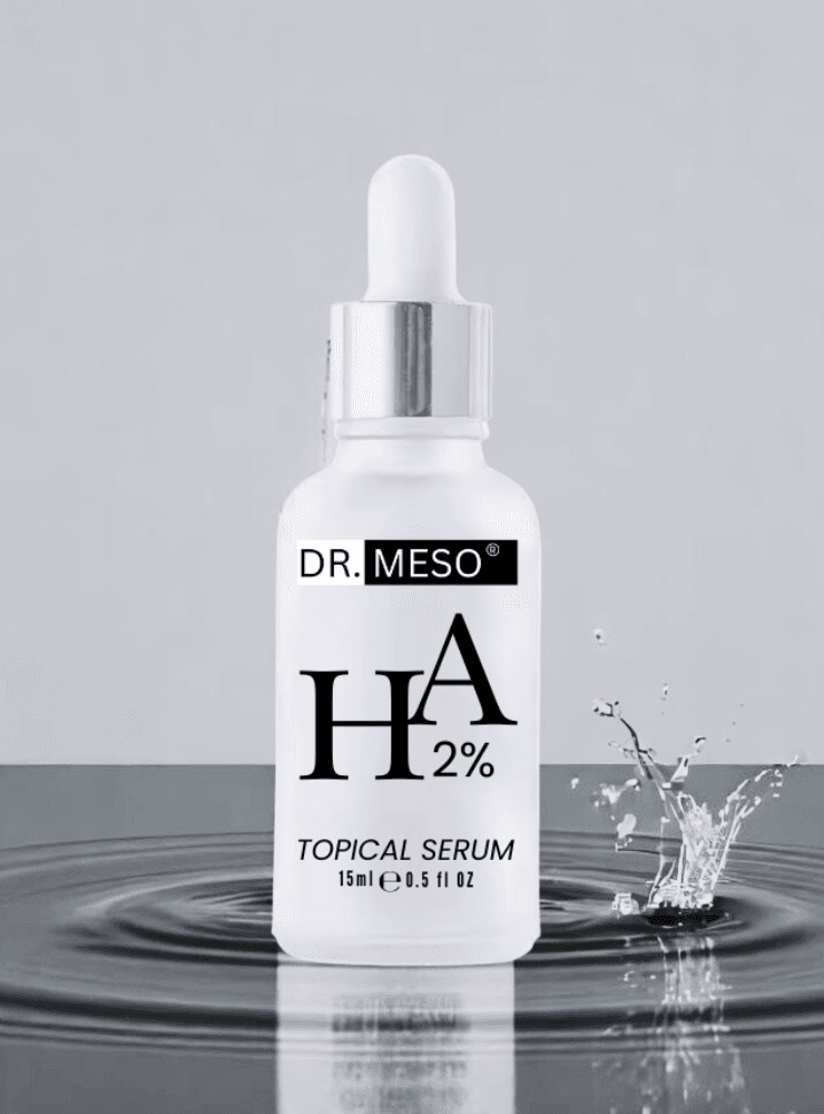 Clear serum bottle with hyaluronic acid and dropper lid.