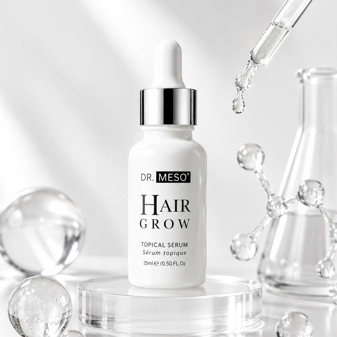 Dr. Meso Hair Grow serum bottle with dropper on a reflective surface