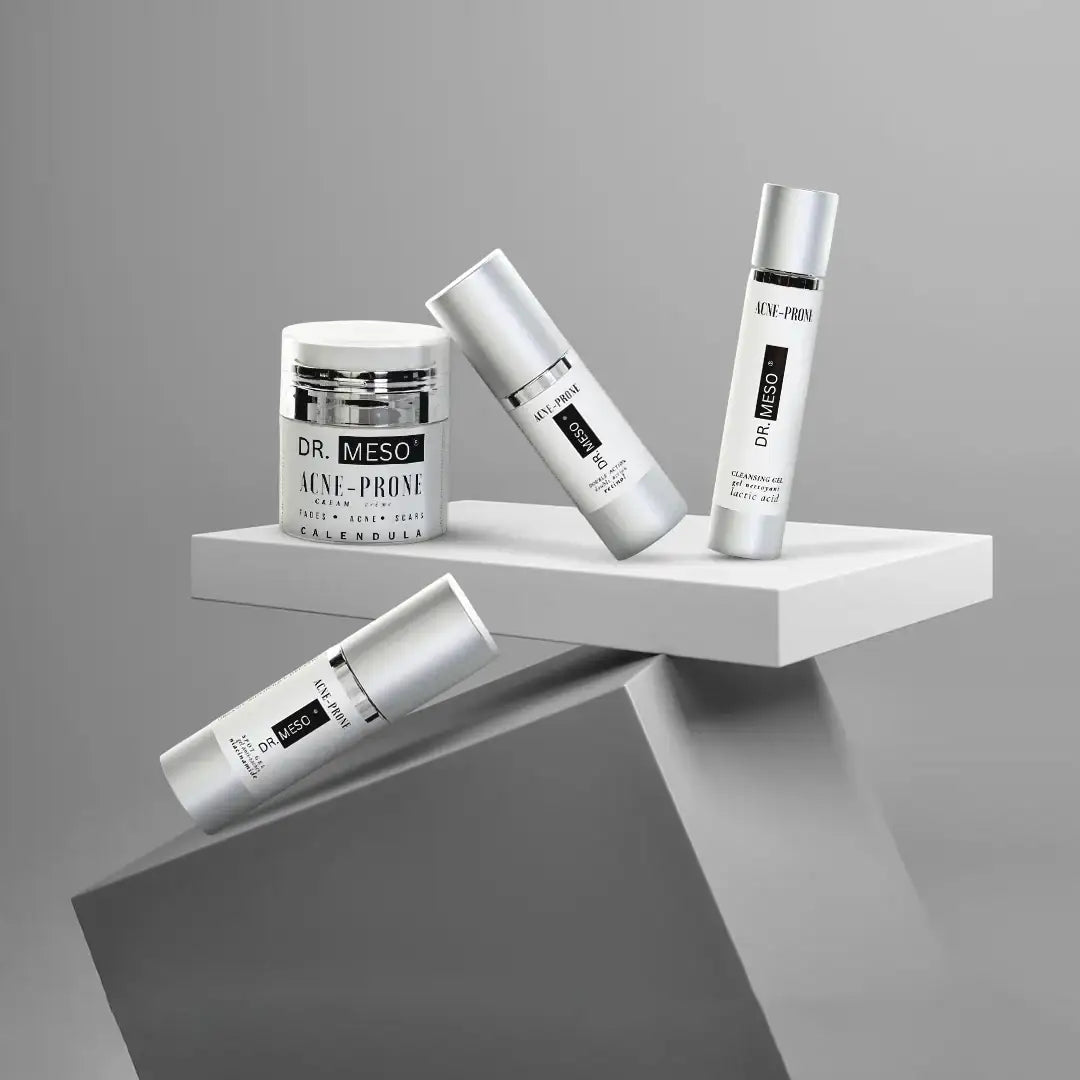 Skincare set designed for acne-prone skin, including cleanser and treatment products.