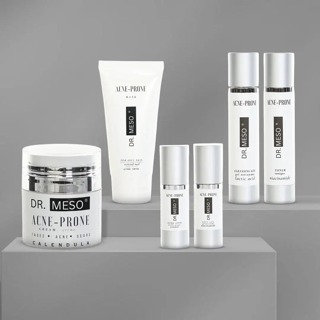 Skincare set designed for acne-prone skin, including cleanser and treatment products.
