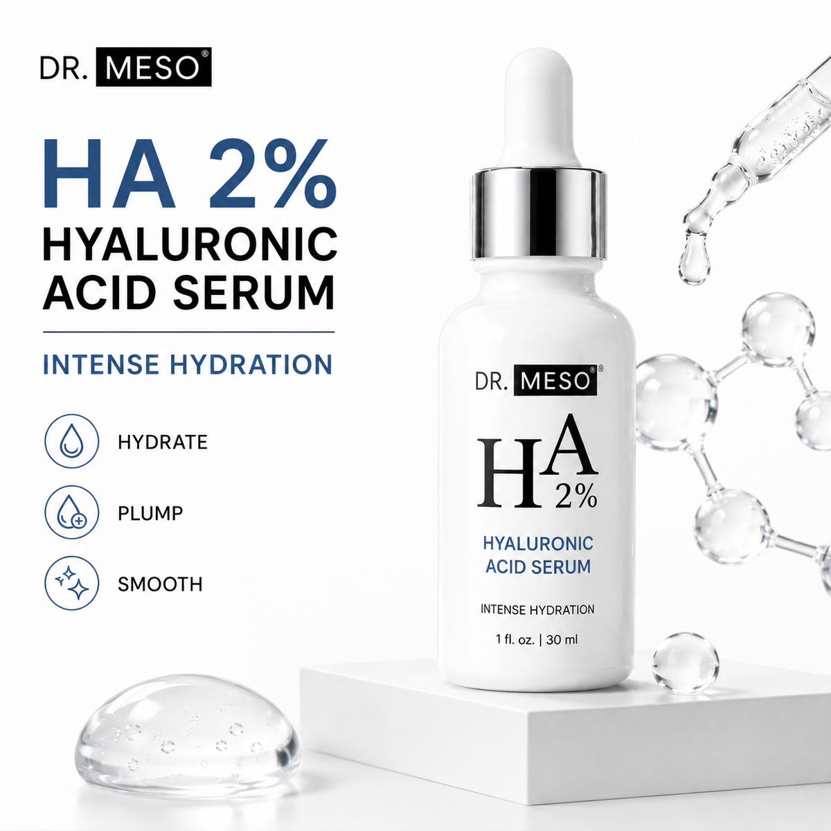 DR.MESO HA 2% Hyaluronic Acid Serum for hydration, smoother and plumper-looking skin