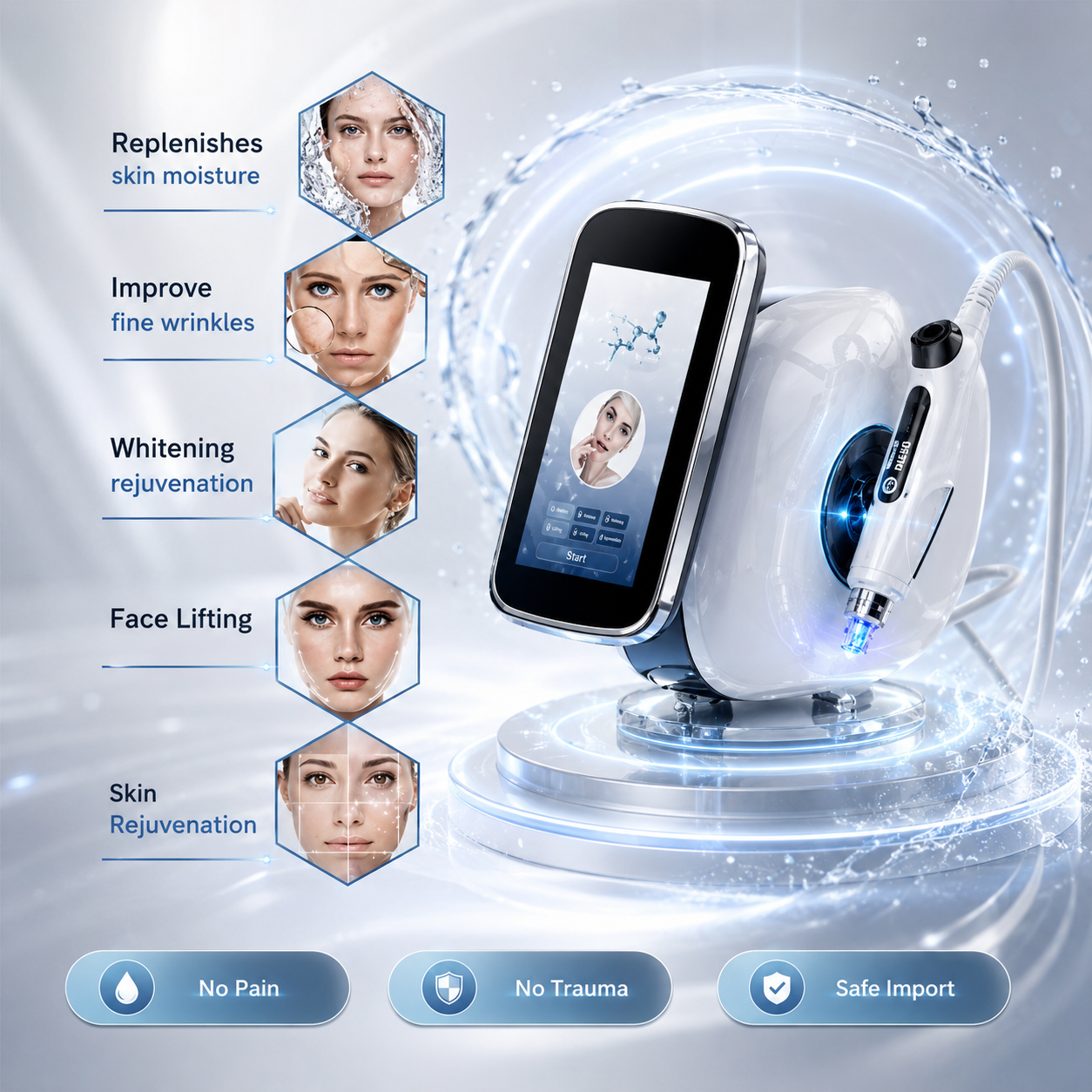 Facial rejuvenation device with benefits listed on a gray background

