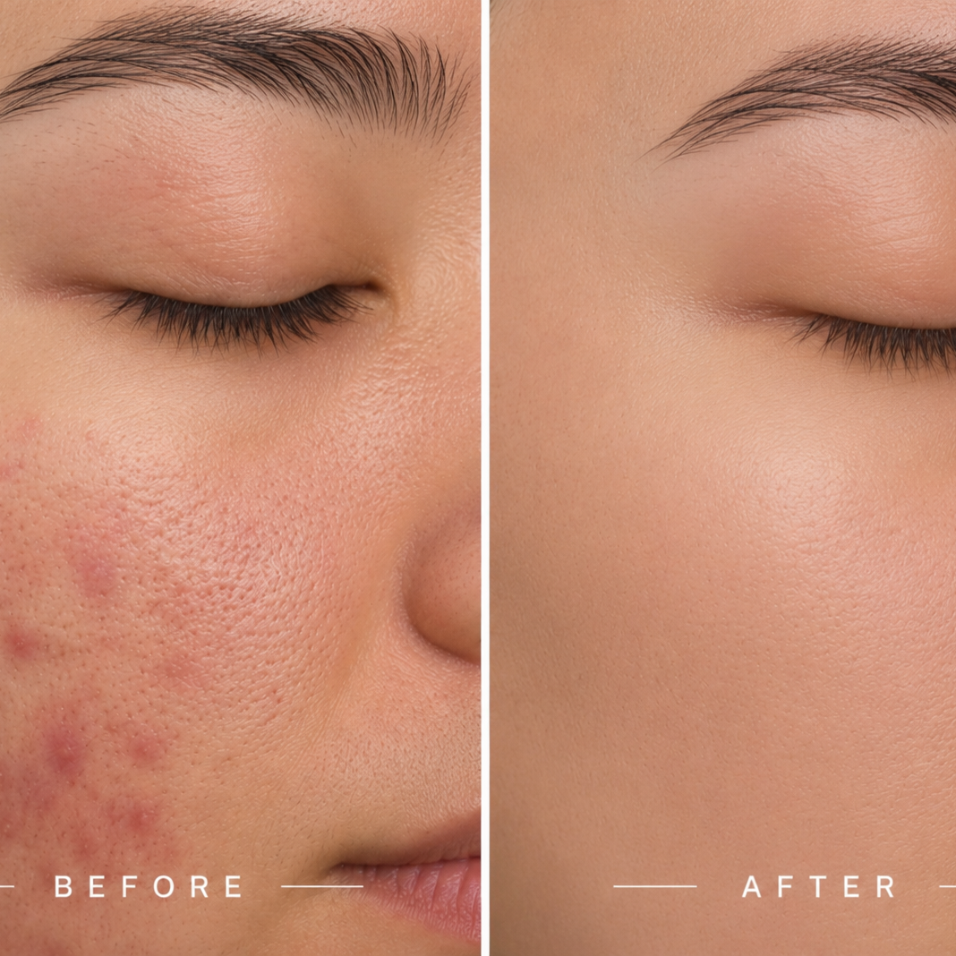 Before and after comparison of a person's face with acne on the left and clear skin on the right.