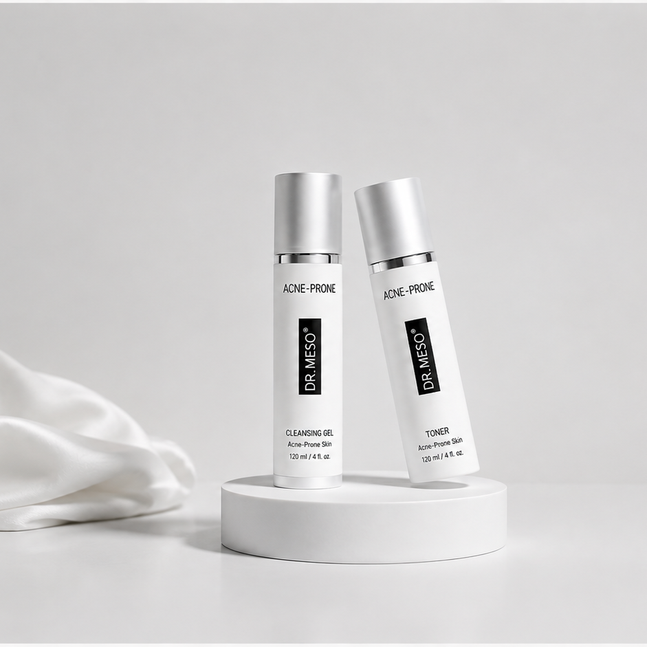 Two white cosmetic bottles with silver caps from the brand Avene, displayed on a white cylindrical pedestal with a draped white fabric on the left, set against a clean light gray background.