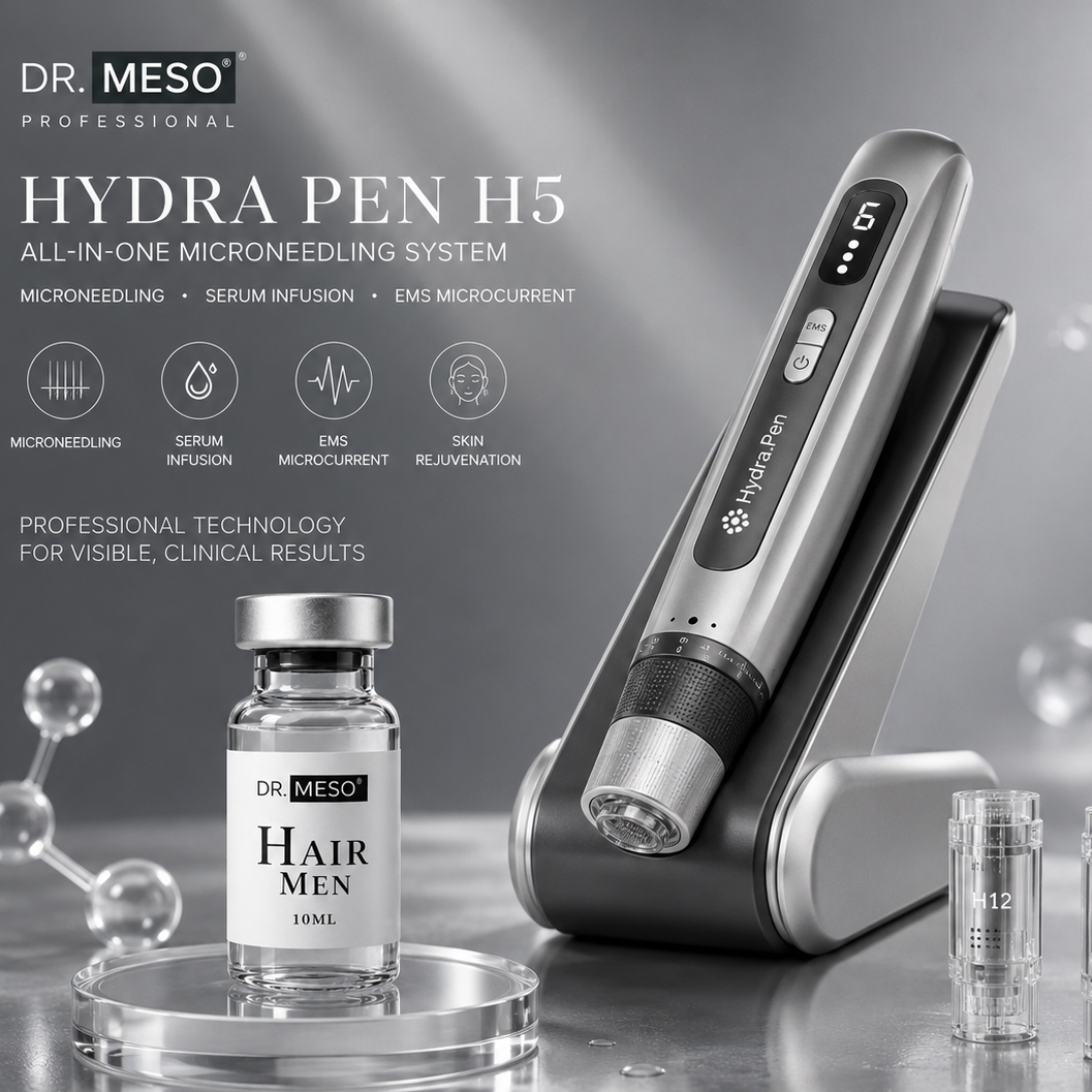 Dr. Meso Hydra Pen H5 with serum vials on a gray background