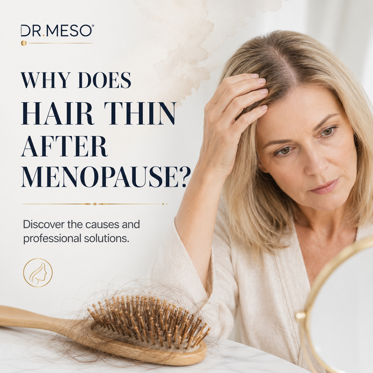 A woman with blonde hair looks at her reflection in a small mirror while holding a wooden hairbrush with loose hair on it. Large text on the left reads 'WHY DOES HAIR THIN AFTER MENOPAUSE?' with the brand name DR MESO at the top.